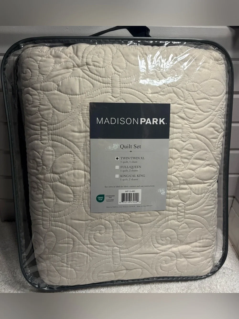 NEW Madison Park Luxe Cotton Damask Quilt Set, Cream 2PC Twin/Twin XL Sham